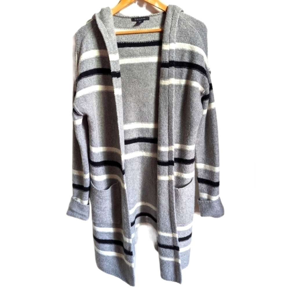 Tahari Grey & Stripes Merino Wool Open Front Long Lined Knit Cardigan Medium
